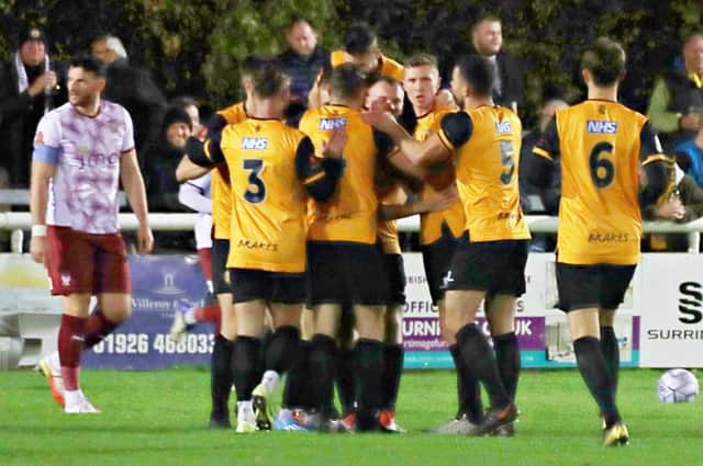 Leamington celebrate during their victory over York. Photo: Sally Ellis