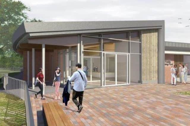 A computer generated image of the entrance of the new Castle Farm Leisure Centre in Kenilworth.