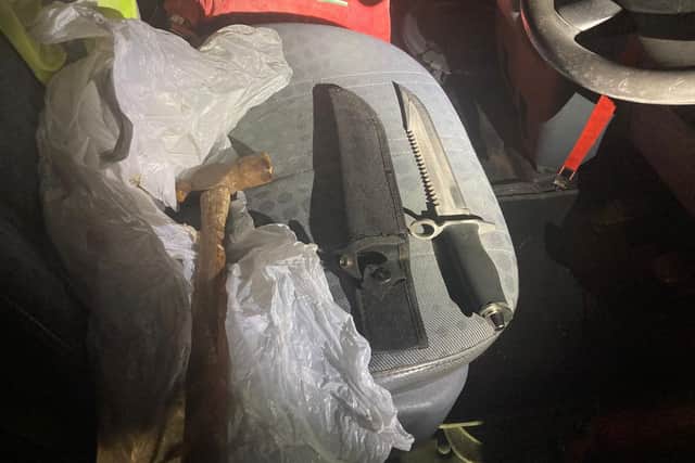 Police found a large knife after stopping a cloned vehicle with false number plates near Ryton. Photo by OPU Warwickshire