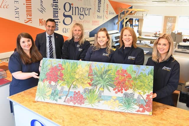 From the left: Laura Delahunty and Rich Hales (both from CWLEP Growth Hub) with Michael Cunnane, Jade Summers, Nina Bale and Charlotte Blair (Ginger the Art of Print).