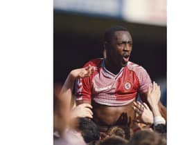 Aston Villa striker Garry Thompson is chairlifted by fans from the pitch after the League Division Two match against Bradford City at Villa Park on May 2, 1988 in Birmingham, England. (Photo by Rusty Cheyne/Allsport/Getty Images)