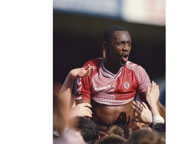 Aston Villa striker Garry Thompson is chairlifted by fans from the pitch after the League Division Two match against Bradford City at Villa Park on May 2, 1988 in Birmingham, England. (Photo by Rusty Cheyne/Allsport/Getty Images)
