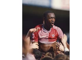 Aston Villa striker Garry Thompson is chairlifted by fans from the pitch after the League Division Two match against Bradford City at Villa Park on May 2, 1988 in Birmingham, England. (Photo by Rusty Cheyne/Allsport/Getty Images)