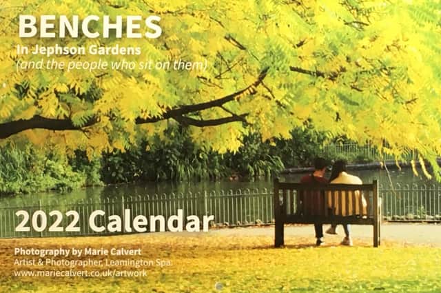 The front cover of Marie Calvert's calendar Benches in Jephson Gardens (and the people who sit in them).