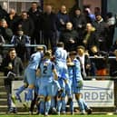 Rugby Town's youth team celebrate scoring in their FA Youth Cup game with Morecambe