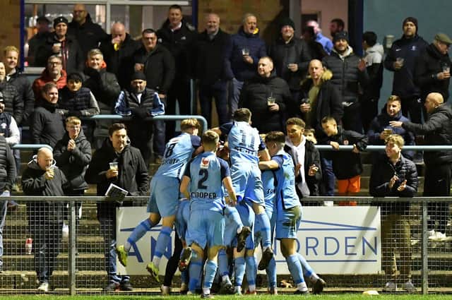 Rugby Town's youth team celebrate scoring in their FA Youth Cup game with Morecambe