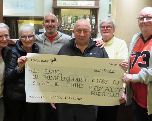 The presentation at Rugby Police Bowls Club AGM  with Katherine and Ruth Ronnie, Mark Nicholas, Dave Owen, Sue Smith and Mick Reardon