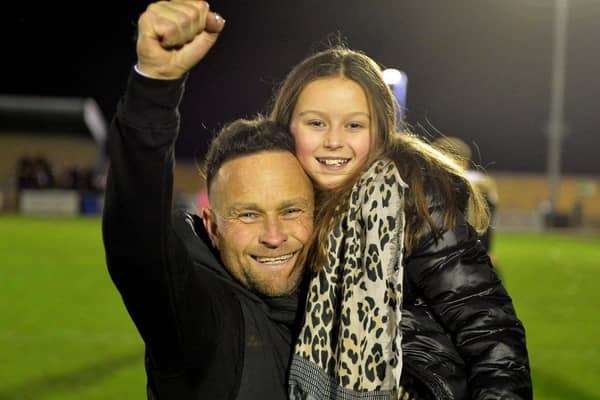 Rugby Town Youth Team manager Liam O'Neill celebrating after their second-round win over Morecambe   PICTURE BY MARTIN PULLEY