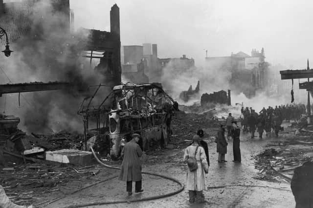 Bomb damage in Coventry after the Luftwaffe's devastating 'Coventry Blitz' of World War II, 16th November 1940. (Photo by Fox Photos/Hulton Archive/Getty Images)
