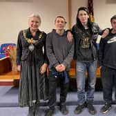 From Left to Right: Susan Rasmussen the Mayor of Leamington with Michael Boulton, Brandon Aldridge, Rhys Taylor (All young men having completed the 12-week mentoring programme with A Band of Brothers Leamington) and Lady Min Willoughby de Broke - The High Sheriff of Warwickshire.