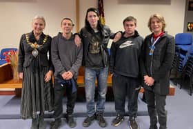 From Left to Right: Susan Rasmussen the Mayor of Leamington with Michael Boulton, Brandon Aldridge, Rhys Taylor (All young men having completed the 12-week mentoring programme with A Band of Brothers Leamington) and Lady Min Willoughby de Broke - The High Sheriff of Warwickshire.