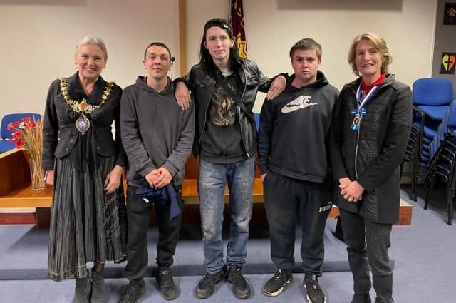 From Left to Right: Susan Rasmussen the Mayor of Leamington with Michael Boulton, Brandon Aldridge, Rhys Taylor (All young men having completed the 12-week mentoring programme with A Band of Brothers Leamington) and Lady Min Willoughby de Broke - The High Sheriff of Warwickshire.