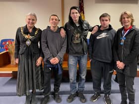From Left to Right: Susan Rasmussen the Mayor of Leamington with Michael Boulton, Brandon Aldridge, Rhys Taylor (All young men having completed the 12-week mentoring programme with A Band of Brothers Leamington) and Lady Min Willoughby de Broke - The High Sheriff of Warwickshire.