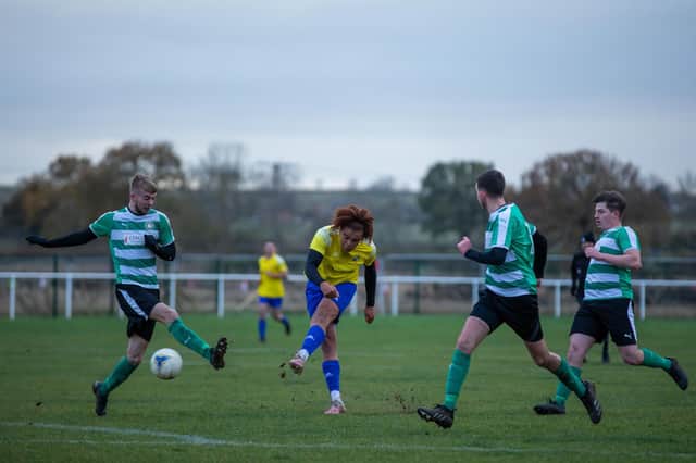 Jay Lawes scored twice for Southam United against Garsington (Picture by Marie Price)