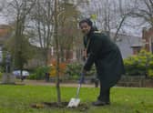 Rugby mayor Cllr Deepah Roberts plants a tree in Jubilee Gardens to celebrate National Tree Week. Photo courtesy of Rugby Borough Council.