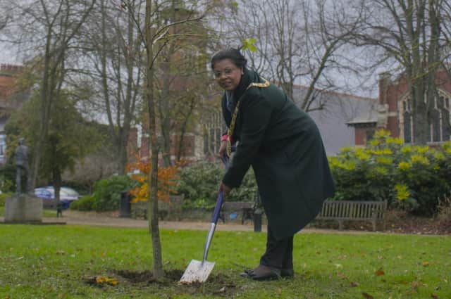 Rugby mayor Cllr Deepah Roberts plants a tree in Jubilee Gardens to celebrate National Tree Week. Photo courtesy of Rugby Borough Council.