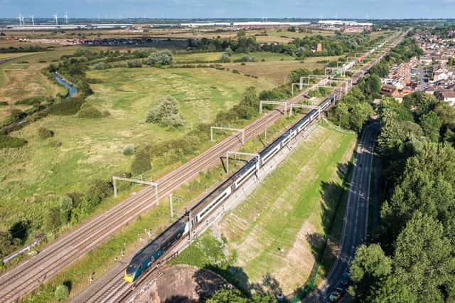 Drone shot of finished embankment repairs at Hillmorton on the West Coast main line. Photo courtesy of Network Rail.