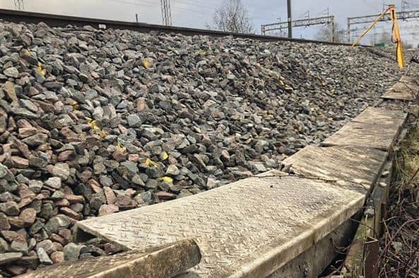 Damage caused to cable troughing after the Hillmorton landslip. Photo courtesy of Network Rail.