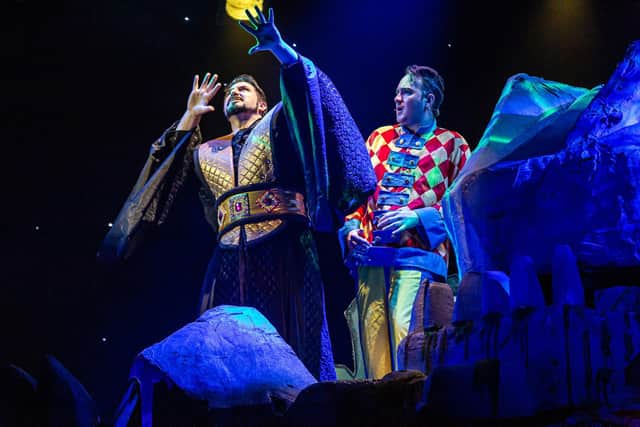 David Haydn as Abanazar and Sean Dodds as Aladdin in the Leamington Christmas panto, Aladdin.