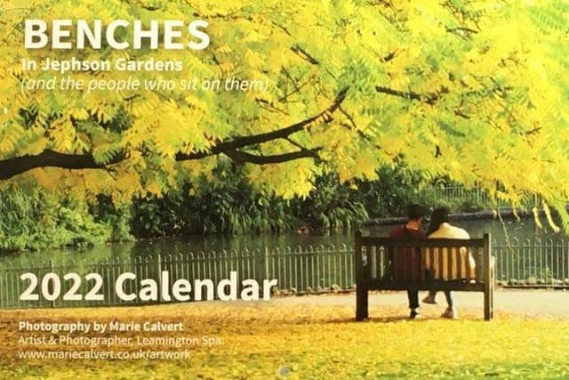 The front cover of Marie Calvert's calendar Benches in Jephson Gardens (and the people who sit in them).