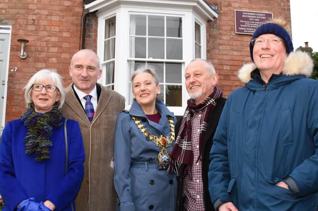 Pictured at the unveiling of the Blue Plaque are Jenny Brook (property owner), Steve Walker, Leamington Mayor  Cllr Susan Rasmussen, Horace Panter of The Specials and John Rivers the former owner of 27 Woodbine Street and music producer. Photo by Allan Jennings.