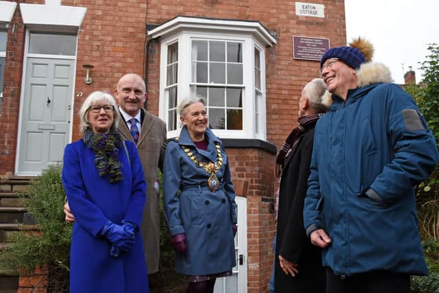 Pictured at the unveiling of the Blue Plaque are Jenny Brook (property owner), Steve Walker, Leamington Mayor  Cllr Susan Rasmussen, Horace Panter of The Specials and John Rivers the former owner of 27 Woodbine Street and music producer. Photo by Allan Jennings.