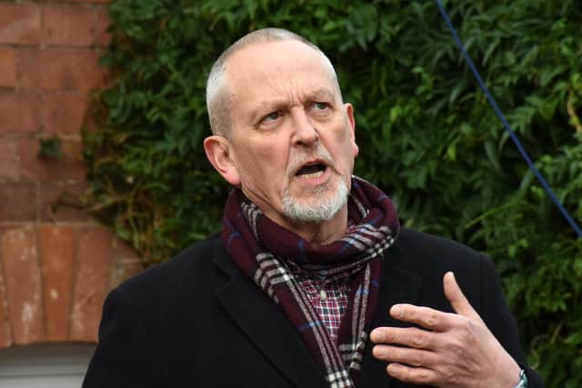 Horace Panter of The Specials gives a speech at the unveiling of the Special Interest Plaque at 27 Woodbine Street in Leamington where he and the rest of the band members of the time recorded their hit single Ghost Town at the Woodbine Street Studio there in 1981. Photo by Allan Jennings.