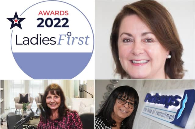 Julie McGarrigle, Business Development Director at Alsters Kelley (top right), Carmen Watson, Chair of Pertemps Network Group, (bottom right) and Tracey McAtamney, awards organiser and Ladies First Network Leader. Photos supplied
