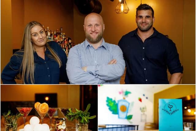 Chantelle Lee and Steve Bazell with mixologist Simon Greenwood at the That Gin & Cocktail Bar in Warwick. Photos supplied