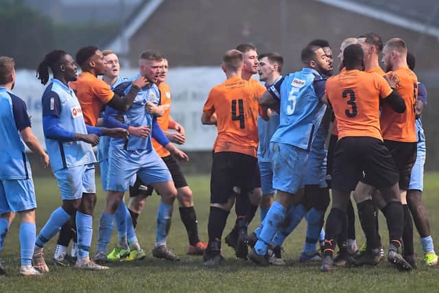 An argument breaks out in Saturday's game between Rugby Town and Lutterworth Town, resulting in Alex Lock receiving a red card