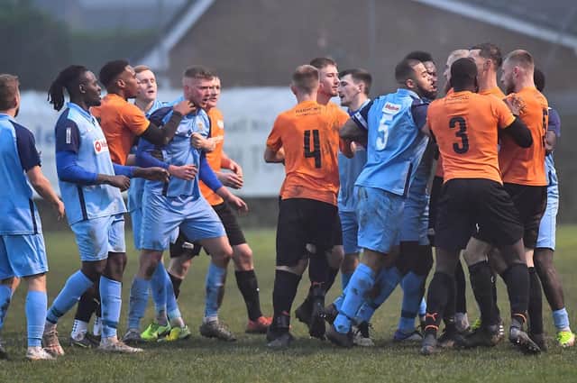 An argument breaks out in Saturday's game between Rugby Town and Lutterworth Town, resulting in Alex Lock receiving a red card