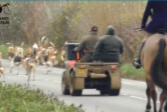 The front of the hunt with huntsman, hounds and buggy ride towards Broughton in a still from the West Midlands Hunt Saboteurs' video