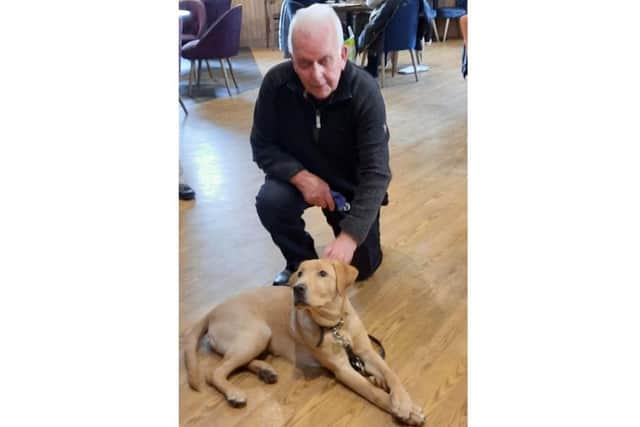 Andrew Davies meeting Guide Dog puppy Mr Darcy. Photo supplied
