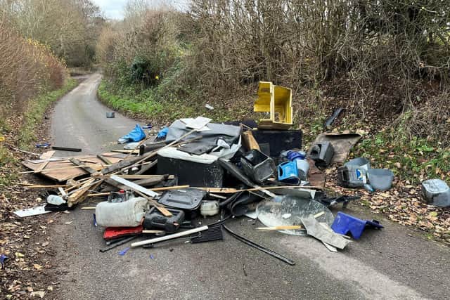 A huge pile of rubbish has been dumped in the middle of a country road near Kenilworth.