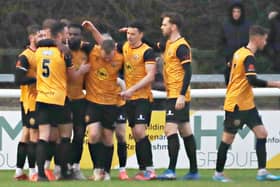 Celebrating after Junior English scored for Brakes against AFC Telford  PICTURES BY SALLY ELLIS