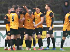 Celebrating after Junior English scored for Brakes against AFC Telford  PICTURES BY SALLY ELLIS