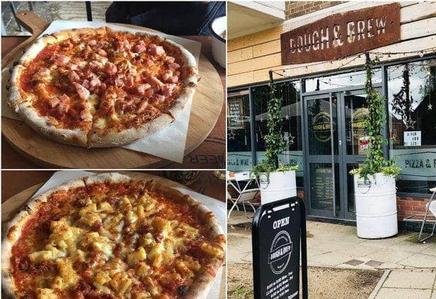 Top left: Dough and Brew's "clark" pizza; ham, pepperoni and bacon, bottom left Dough and Brew's "mork" pizza; macaroni cheese and bacon pizza and a photo from outside Dough and Brew