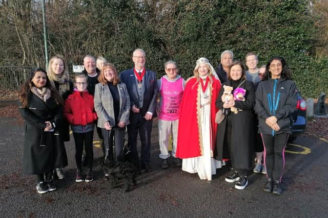 Tony Cunningham, centre, pictured before setting off, with supporters, including Lord Mayor of Coventry John McNicholas, ‘Lady Godiva Pru Poretta and Molly Olly’s Wishes Founder Rachel Ollerenshaw, holfing the charity mascot Olly The Brave. Photo supplied