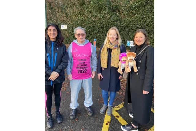 Tony Cunningham is given a send-off on the first day of his charity walk by, among others, Cllr Kindy Sandhu (left) and Cllr Becky Gittins (second right) and Molly Olly’s founder Rachel Ollerenshaw, pictured holding the charity’s mascot Olly The Brave. Photo supplied