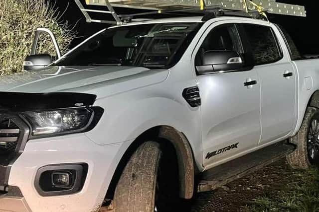 Police seized the large white Ford Ranger at the scene.  Photo by Warwickshire Rural Crime Team.