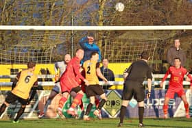 Jack Lane and James Mace in goalmouth action against Gloucester City on Sunday