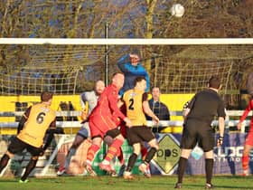 Jack Lane and James Mace in goalmouth action against Gloucester City on Sunday