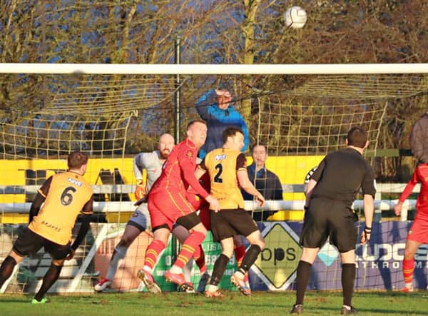 Jack Lane and James Mace in goalmouth action against Gloucester City on Sunday