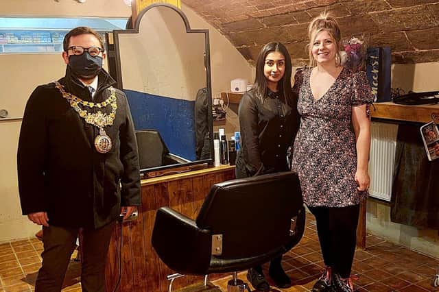Mayor of Warwick, Cllr Richard Edgington, with Katrina Leal, who offers beauty treatments at the salon, and Kate Doxey, owner of the salon. Photo supplied
