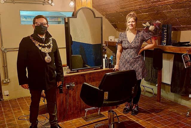 Mayor of Warwick, Cllr Richard Edgington, with Kate Doxey, owner of the salon. Photo supplied