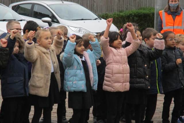Year 2 pupils from Briar Hill Infant School in Whitnash, singing to residents at Cherry Tree Lodge retirement home. Photo supplied