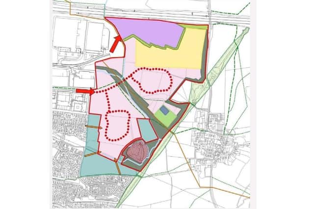 How the development might look. Light pink areas are housing while yellow is space for a primary and secondary school. If it is felt that a secondary school is not needed,  part of this space will be used for more houses.