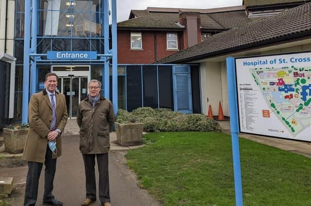 Professor Andrew Hardy, chief executive officer of University Hospitals Coventry and Warwickshire NHS Trust, and local MP Mark Pawsey outside the Hospital of St Cross