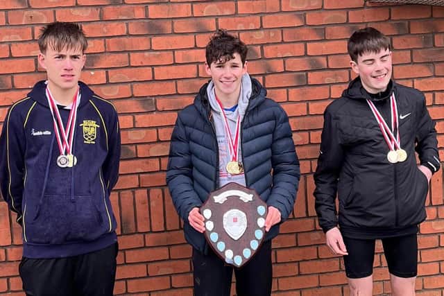 Rugby & Northampton made a clean sweep of the Under 15s Boys medals with (from left) Ben Smith, Arthur Tilt and Nathan Lamb