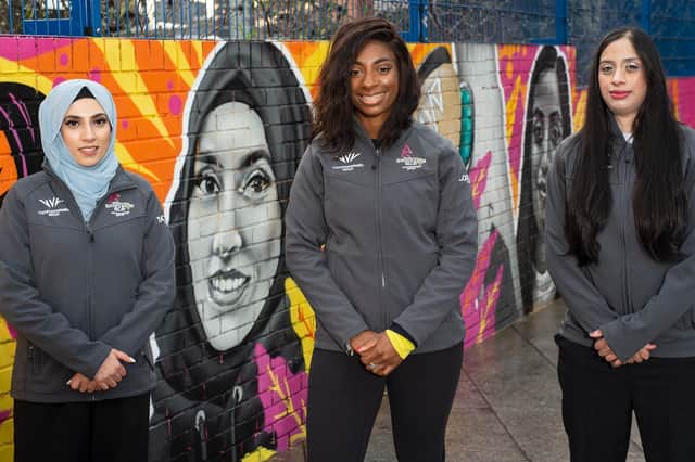 Haseebah Abdullah, Kadeena Cox, and Salma Bi at the Queen's Baton Relay Mural in Birmingham. Photo supplied by Birmingham 2022